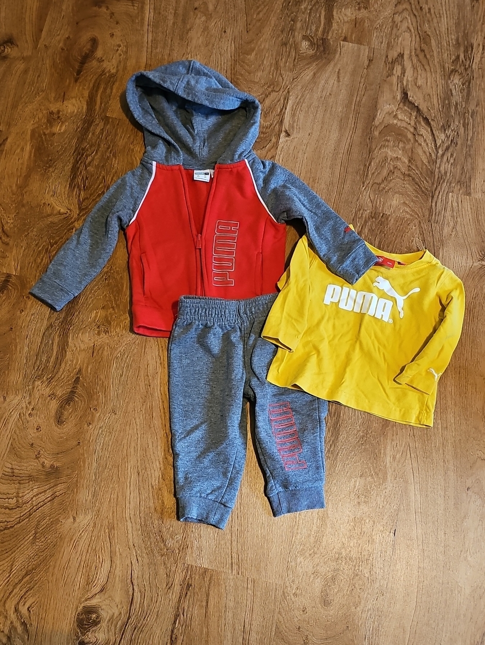 Puma Gray & Red Hoodie Joggers with Yellow Logo Tee